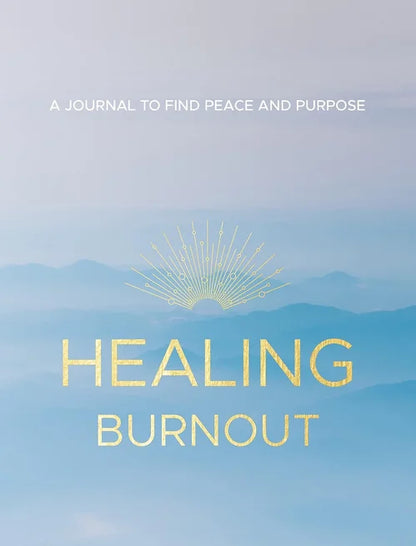 Journal cover with mountain landscape and text 'Healing Burnout' on a blue gradient background