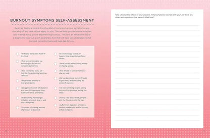 Burnout symptoms self-assessment form on a pink background with text and checkboxes.