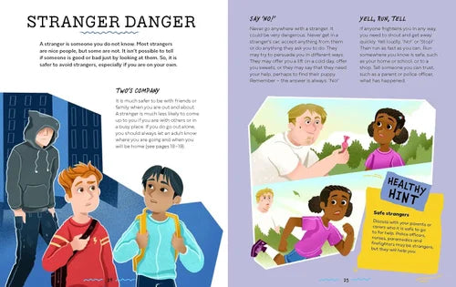 Educational page about stranger danger with illustrations and text on a purple background