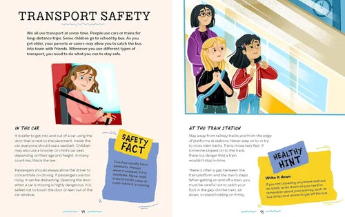 Illustrated page about transport safety with characters at a train station.