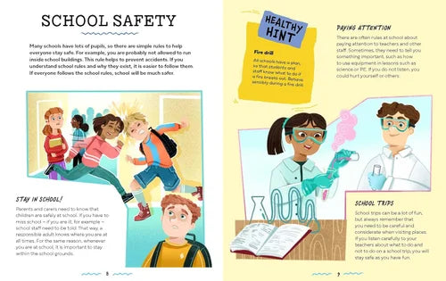 Illustrated page from a book about school safety with children and educational elements.