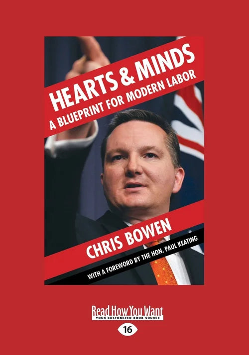 Book cover of 'Hearts & Minds: A Blueprint for Modern Labor' by Chris Bowen with a red background.