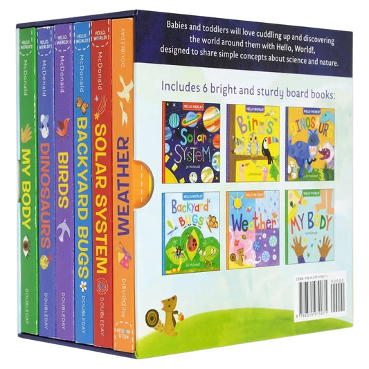 McDonald's Hello, World! Board Book Box set, showing the back cover and six colorful book spines including My Body, Dinosaurs, Birds, Backyard Bugs, Solar System, and Weather.