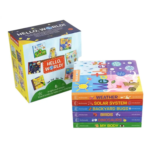Hello, World! Early Years Learning Resources children's book set, showing the illustrated retail box alongside a stack of six colorful board books including Weather, Solar System, Backyard Bugs, Birds, Dinosaurs, and My Body on a white background.