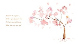 Cherry blossom tree with pink flowers on a white background
