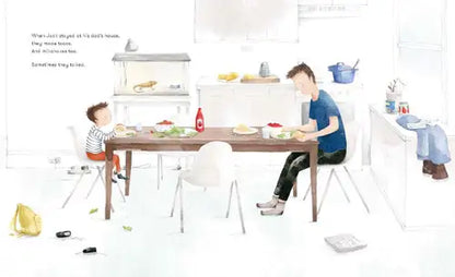 Illustration of two people sitting at a table with food and drinks, in a minimalistic room.