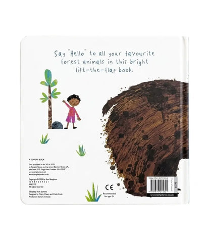 Back cover of a children's lift-the-flap book showing a white background with printed text, a small illustrated child by a tree, grass, and a large brown tree trunk.