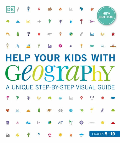 Book cover of 'Help Your Kids with Geography' by DK, featuring colorful icons and text.