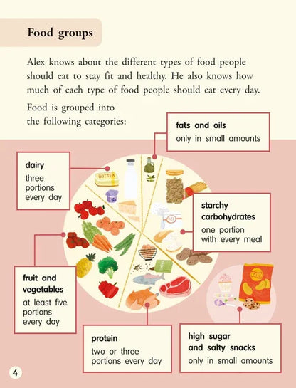 Diagram of food groups with corresponding portions on a pink background