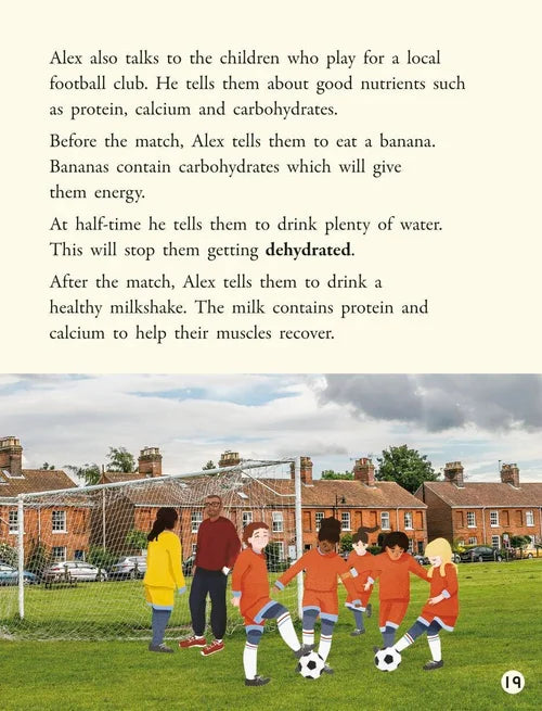 Children playing soccer with a text overlay about nutrition and hydration.