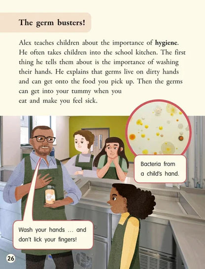 Illustration of a teacher teaching children about hygiene in a school kitchen.