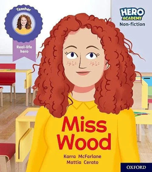 Book cover of 'Miss Wood' with a classroom background and Hero Academy branding.