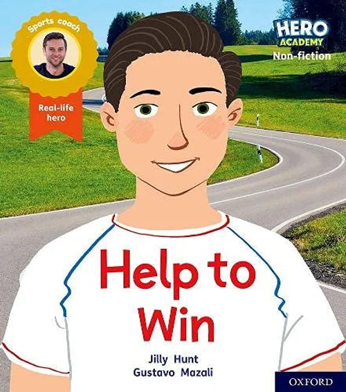 Book cover of 'Help to Win' by Jilly Hunt and Gustavo Mazali, featuring a cartoon character on a road with a sports coach icon.