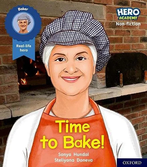 Book cover of 'Time to Bake!' featuring a baker in front of an oven with 'Hero Academy Non-fiction' branding.