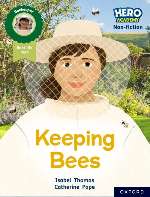 Book cover of 'Keeping Bees' featuring a person in a beekeeper outfit with a garden background.