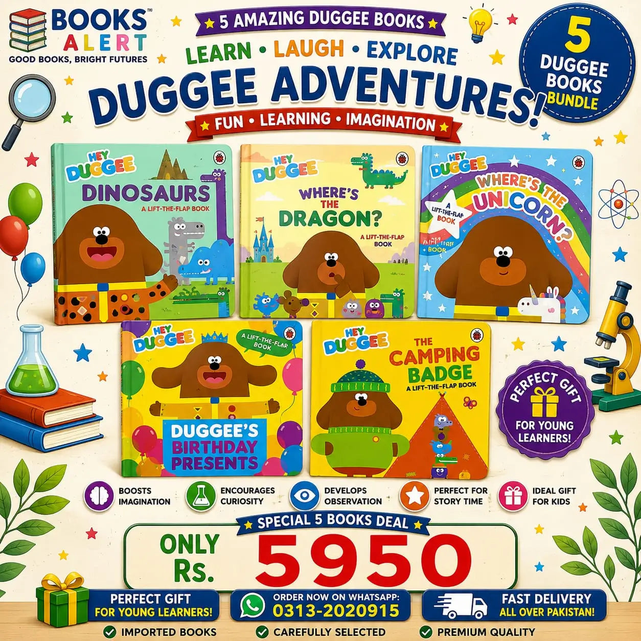 Promotional graphic for a Duggee Books bundle featuring five children's books: Duggee the Dinosaur, Where's the Dragon?, Where's the Unicorn?, Duggee's Birthday Present, and The Camping Badge. The image includes playful illustrations, stars, balloons, a microscope, and promotional text on a white background.