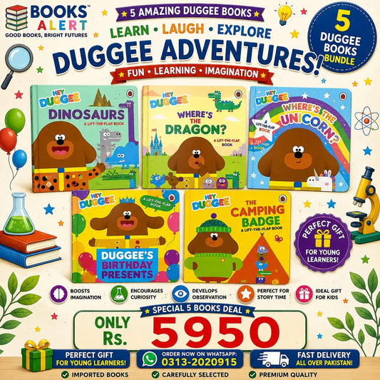Promotional graphic for a Duggee Books bundle featuring five children's books: Duggee the Dinosaur, Where's the Dragon?, Where's the Unicorn?, Duggee's Birthday Present, and The Camping Badge. The image includes playful illustrations, stars, balloons, a microscope, and promotional text on a white background.
