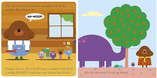 Illustrated book pages with a bear character and dinosaur, featuring text and colorful graphics.