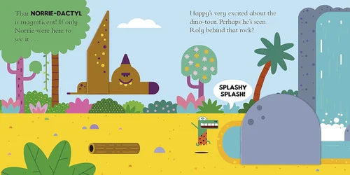 Illustrated children's book page with a dinosaur and a monkey in a jungle setting.