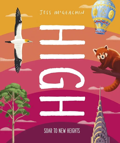 Book cover with a bird, red panda, and hot air balloon against a colorful sky.