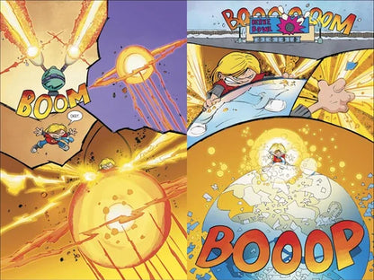 Comic book panels with dynamic action and 'BOOM' and 'BOOOOP' text effects.