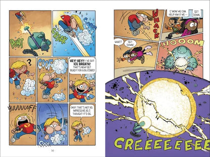 Comic book page with various panels featuring characters and action.