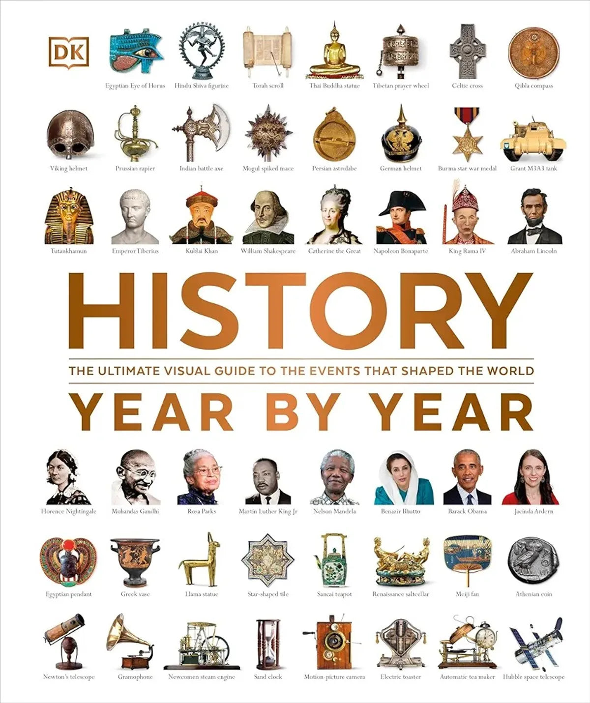 Book cover of 'History Year by Year' with historical figures and objects arranged chronologically.