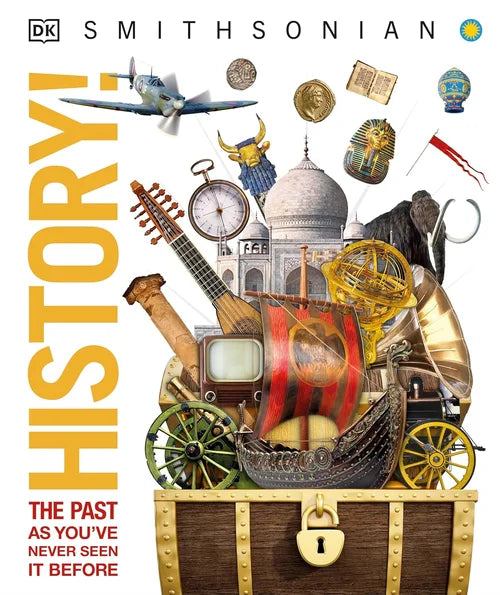Book cover of 'DK Smithsonian History!' with historical items and DK logo.