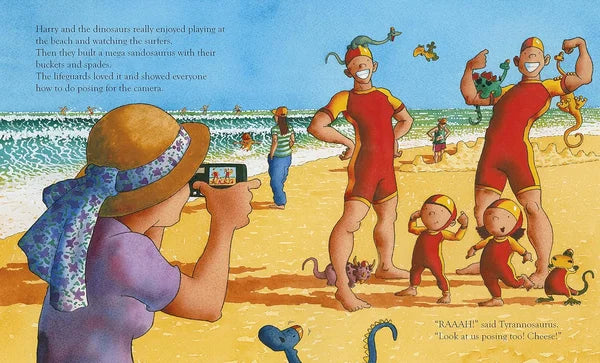 Illustration of a beach scene with people and animals, including lifeguards and children, with text and graphics.