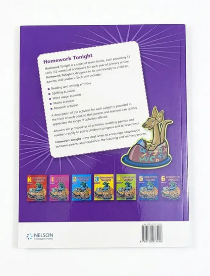 Back cover of a Nelson Homework Tonight workbook package, featuring a purple background with a white text panel, a cartoon rabbit illustration, and five colorful workbook covers shown along the bottom.