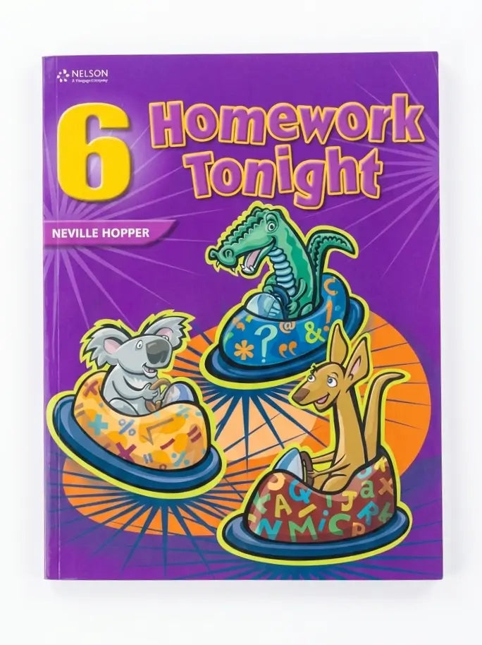 Nelson 6 Homework Tonight workbook by Neville Hopper, featuring a purple cover with cartoon illustrations of a koala, crocodile, and kangaroo in bumper cars.