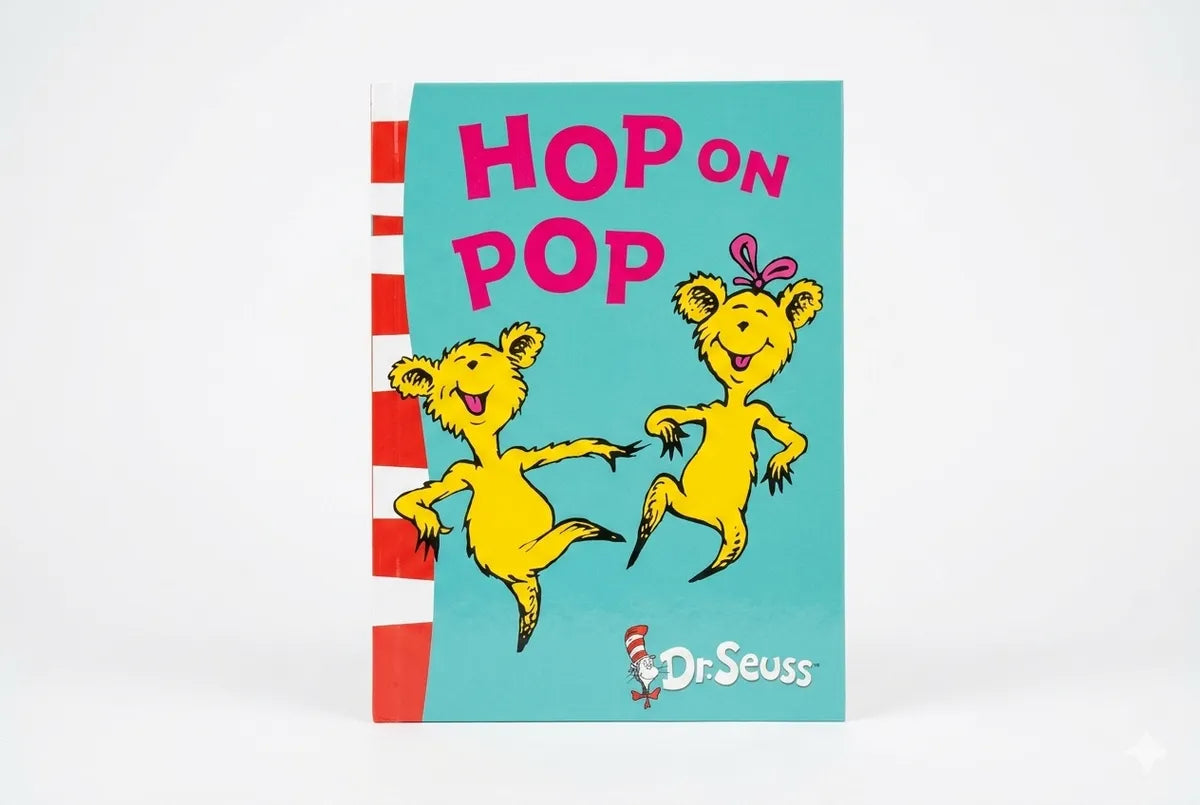 Children's book titled 'Hop on Pop' by Dr. Seuss with a blue cover and red spine.