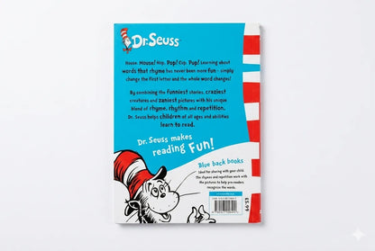 Back cover of a Dr. Seuss book with a blue background and red and white striped border.
