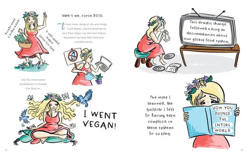 Illustrations of a woman's journey to veganism with text and a TV set.