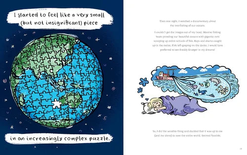 Illustrated book page with a puzzle of Earth and a child sleeping in a cloud.