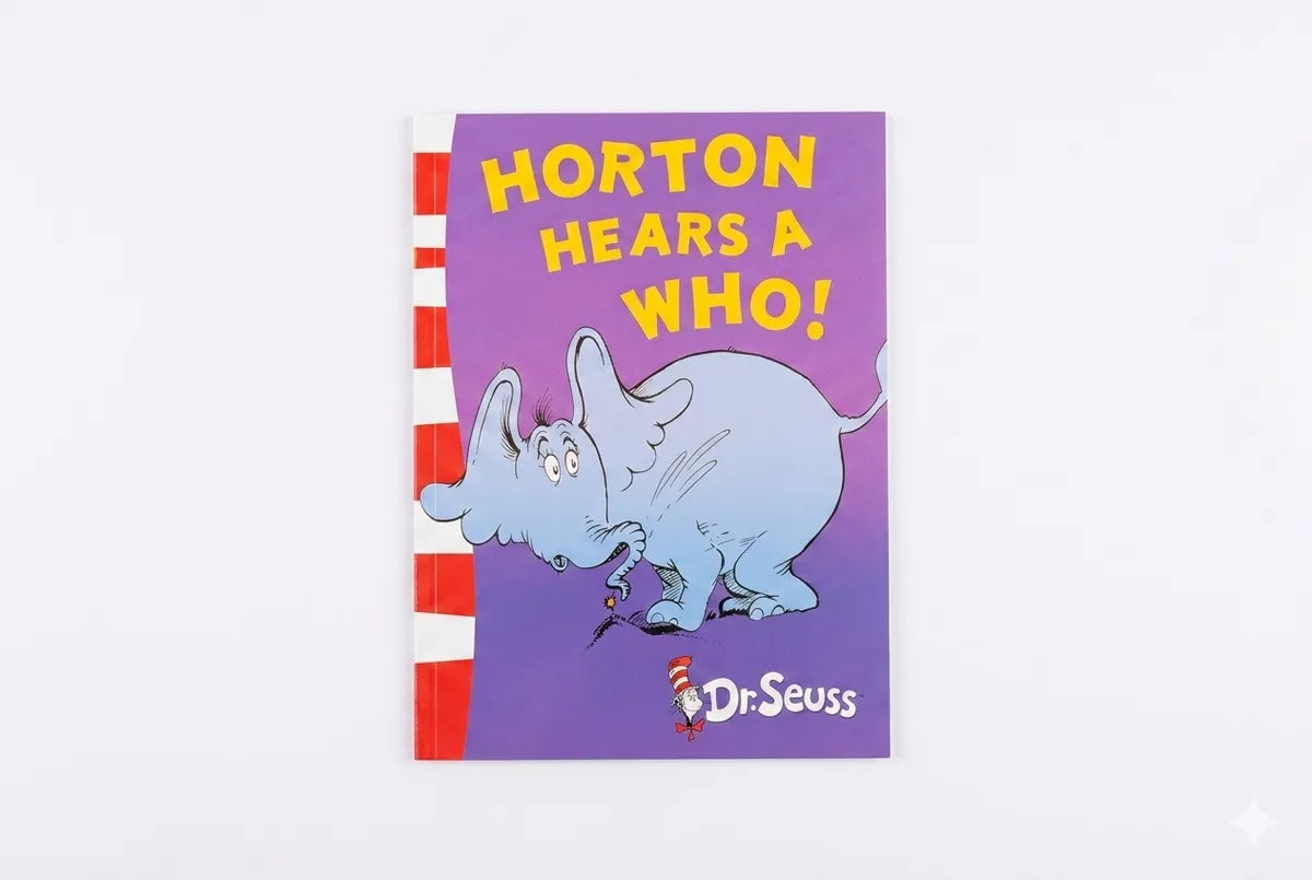 Book cover of 'Horton Hears a Who!' by Dr. Seuss with a purple background and red and white striped border.