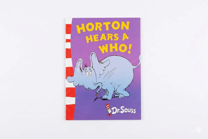 Book cover of 'Horton Hears a Who!' by Dr. Seuss with a purple background and red and white striped border.