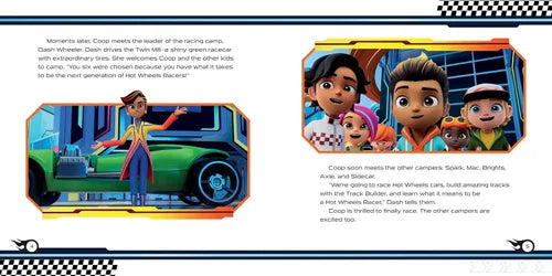 Illustrated book page with characters from a children's story featuring a car and characters interacting.