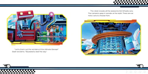 Illustration of a Hot Wheels toy set with a robot and cars, featuring text.
