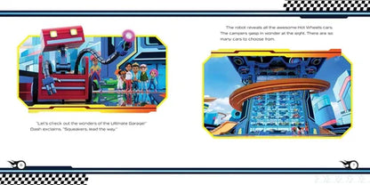 Illustration of a Hot Wheels toy set with a robot and cars, featuring text.