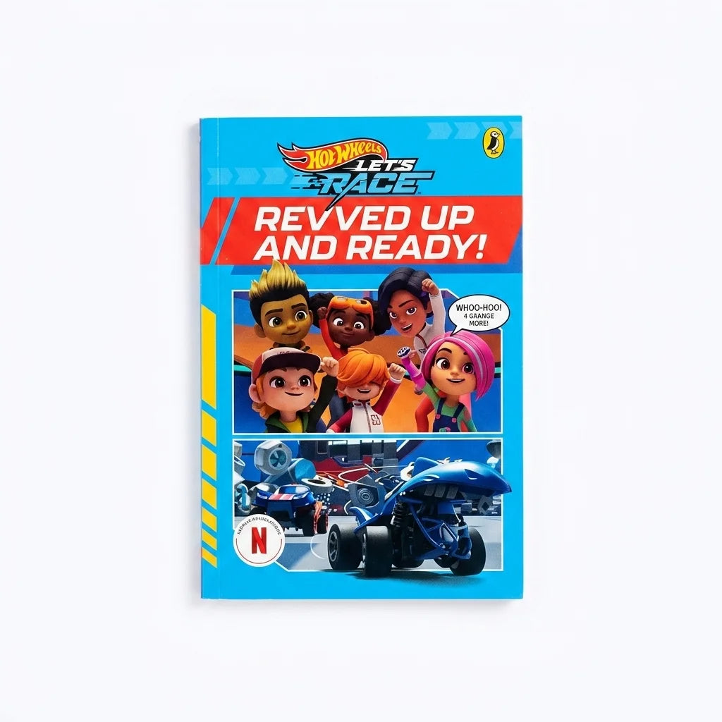 A Hot Wheels Toys Race Revved Up and Ready! book or booklet shown upright on a light gray background. The cover is predominantly bright blue with a large red title banner, cartoon character panels, and a blue race car illustration.
