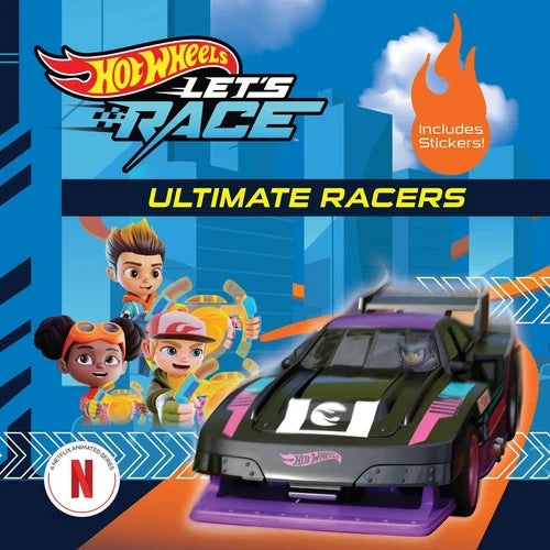 Hot Wheels toy car packaging with characters and 'Let's Race' branding on a blue background