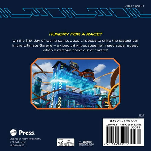 Back cover of a toy packaging with a futuristic garage and text about racing camp.