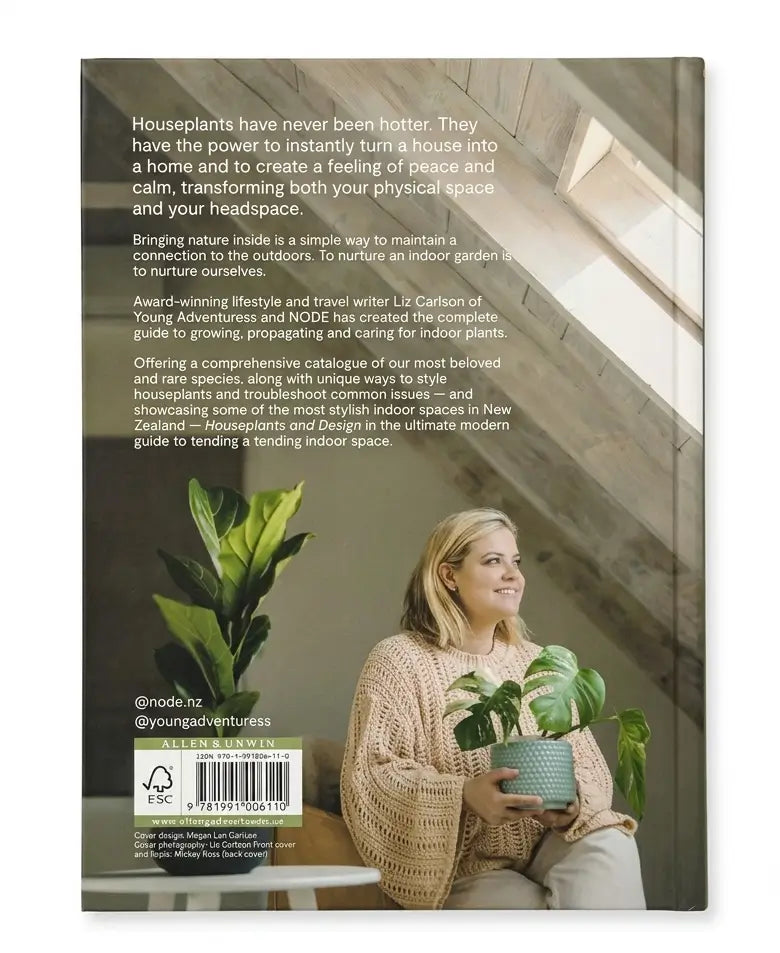 The back cover of a houseplant guide book, featuring a photograph of a woman holding potted green plants in a sunlit room, with descriptive text on a dark background.