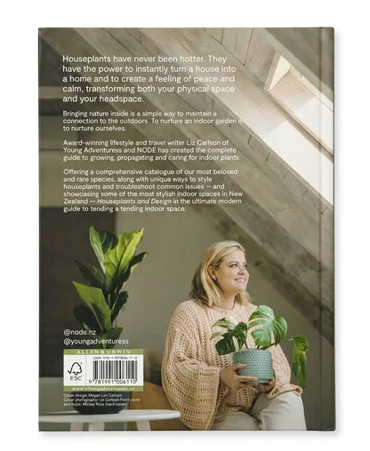 The back cover of a houseplant guide book, featuring a photograph of a woman holding potted green plants in a sunlit room, with descriptive text on a dark background.