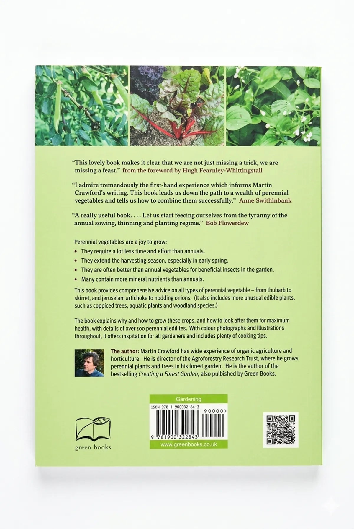 Back cover of a book with text and a QR code on a white background