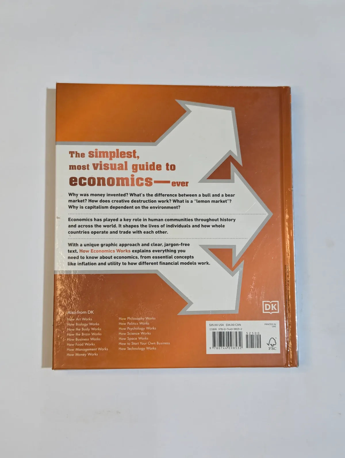 Back cover of a book titled 'The Simplest, Most Visual Guide to Economics Ever' by DK on a white background.