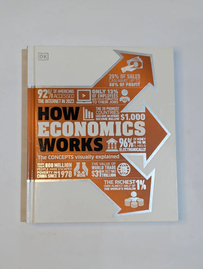 Book titled 'How Economics Works' by DK on a white background