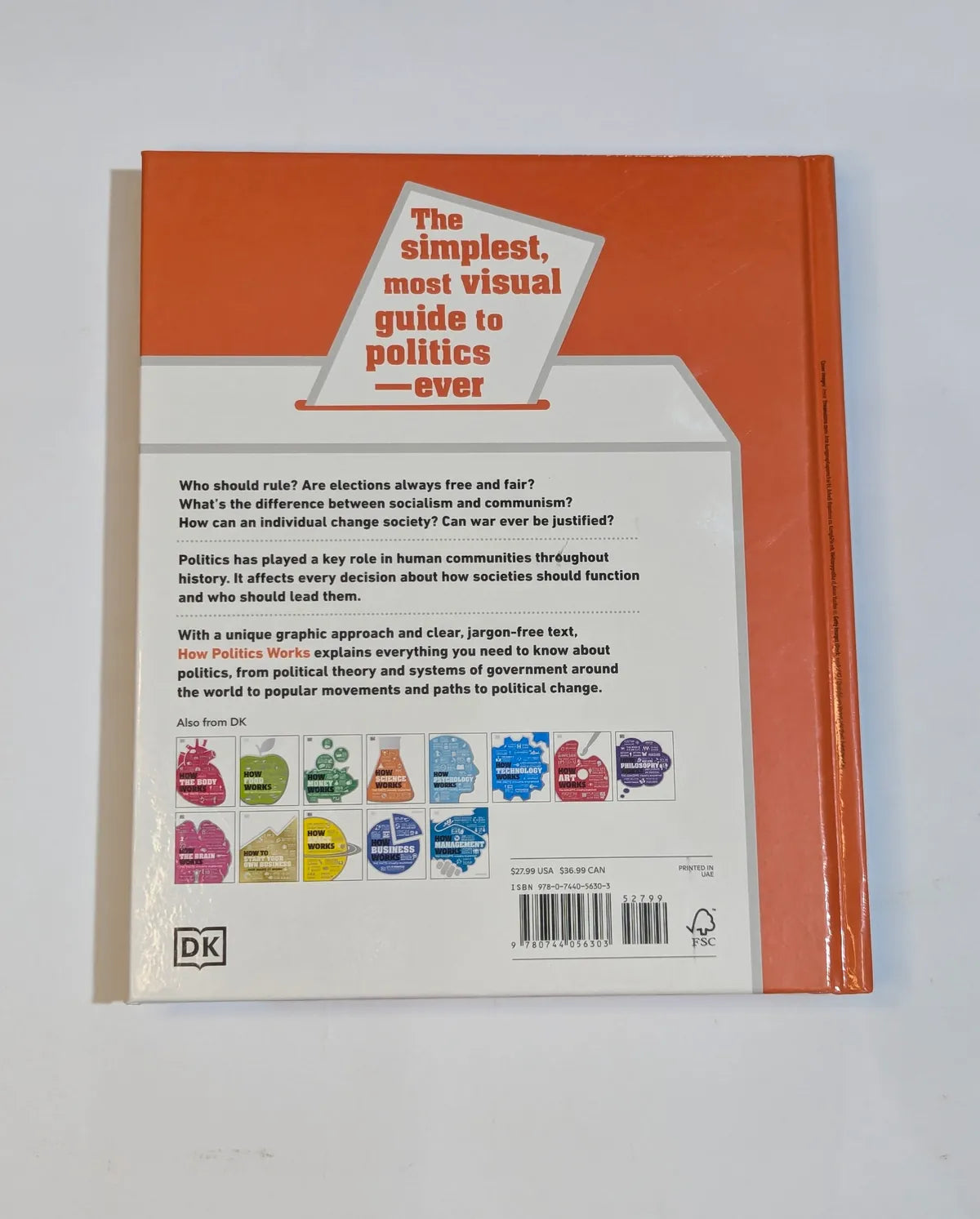 Back cover of a book titled 'The simplest, most visual guide to politics ever' by DK on a light gray background.