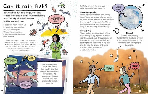 Illustrated book page with text and graphics about rain phenomena and fish.